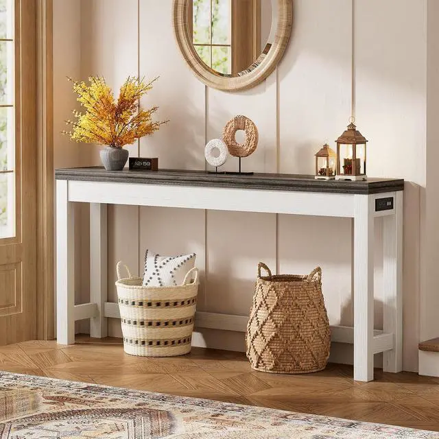 Alt view image 2 of 7 - 63" Console Table with Charging Station, 13.8" Deep Farmhouse Sofa Table Behind Couch with 2 AC Outlets & 3 USB Ports, Long Entryway TV Console or Home Office Desk, Oak Grey