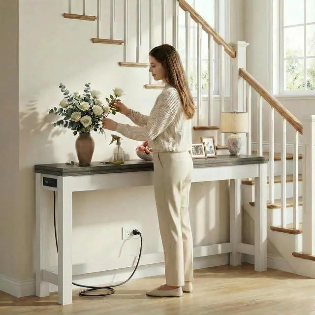 Alt view image 4 of 7 - 63" Console Table with Charging Station, 13.8" Deep Farmhouse Sofa Table Behind Couch with 2 AC Outlets & 3 USB Ports, Long Entryway TV Console or Home Office Desk, Oak Grey