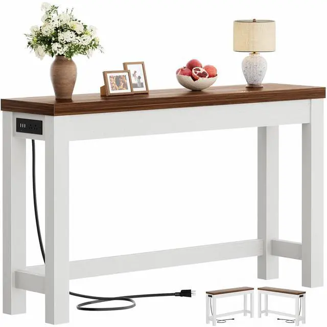 Main image of 47" Console Table with Charging Station, 13.8" Deep Farmhouse Sofa Table Behind Couch with 2 AC Outlets & 3 USB Ports, Entryway TV Console or Compact Home Office Desk, Rustic Oak