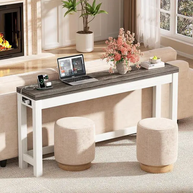 Alt view image 5 of 7 - 63" Console Table with Charging Station, 13.8" Deep Farmhouse Sofa Table Behind Couch with 2 AC Outlets & 3 USB Ports, Long Entryway TV Console or Home Office Desk, Oak Grey
