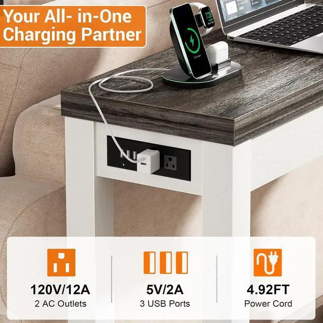 Alt view image 6 of 7 - 63" Console Table with Charging Station, 13.8" Deep Farmhouse Sofa Table Behind Couch with 2 AC Outlets & 3 USB Ports, Long Entryway TV Console or Home Office Desk, Oak Grey