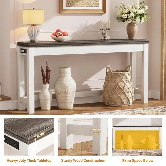 Alt view image 7 of 7 - 63" Console Table with Charging Station, 13.8" Deep Farmhouse Sofa Table Behind Couch with 2 AC Outlets & 3 USB Ports, Long Entryway TV Console or Home Office Desk, Oak Grey
