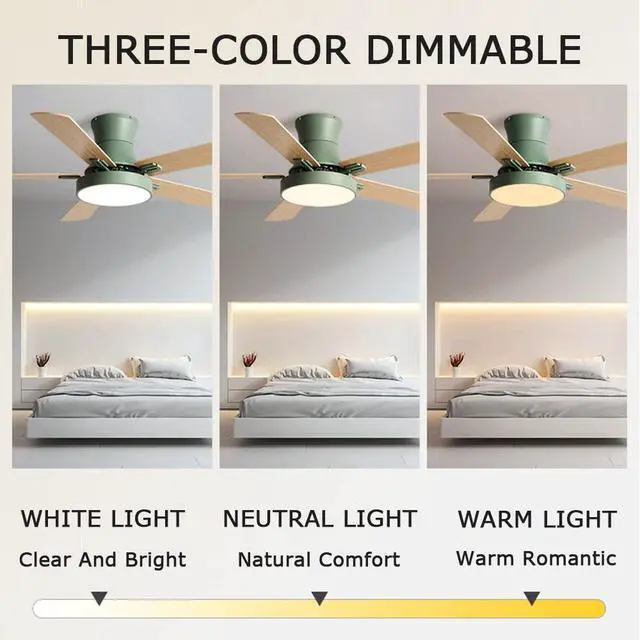 Alt view image 5 of 7 - Creative Ceiling Fan with Lights Wood 42 Inch Bedroom Ceiling Fan Smart Remote 3 Color Ceiling Fan Light LED Flush Mount Mute Ceiling Fan Modern Kids Room Low Profile Ceiling Fan
