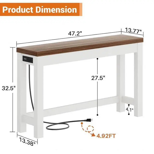 Alt view image 3 of 7 - 47" Console Table with Charging Station, 13.8" Deep Farmhouse Sofa Table Behind Couch with 2 AC Outlets & 3 USB Ports, Entryway TV Console or Compact Home Office Desk, Rustic Oak