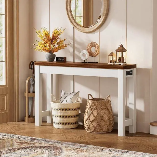 Alt view image 2 of 7 - 47" Console Table with Charging Station, 13.8" Deep Farmhouse Sofa Table Behind Couch with 2 AC Outlets & 3 USB Ports, Entryway TV Console or Compact Home Office Desk, Rustic Oak