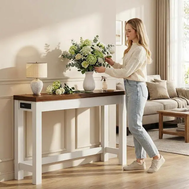 Alt view image 4 of 7 - 47" Console Table with Charging Station, 13.8" Deep Farmhouse Sofa Table Behind Couch with 2 AC Outlets & 3 USB Ports, Entryway TV Console or Compact Home Office Desk, Rustic Oak