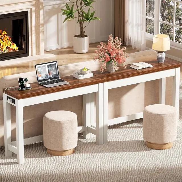 Alt view image 5 of 7 - 47" Console Table with Charging Station, 13.8" Deep Farmhouse Sofa Table Behind Couch with 2 AC Outlets & 3 USB Ports, Entryway TV Console or Compact Home Office Desk, Rustic Oak