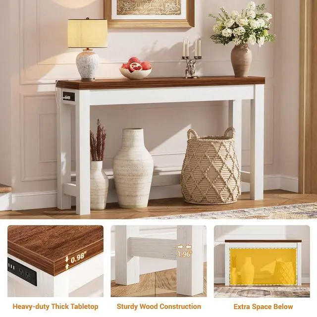 Alt view image 7 of 7 - 47" Console Table with Charging Station, 13.8" Deep Farmhouse Sofa Table Behind Couch with 2 AC Outlets & 3 USB Ports, Entryway TV Console or Compact Home Office Desk, Rustic Oak
