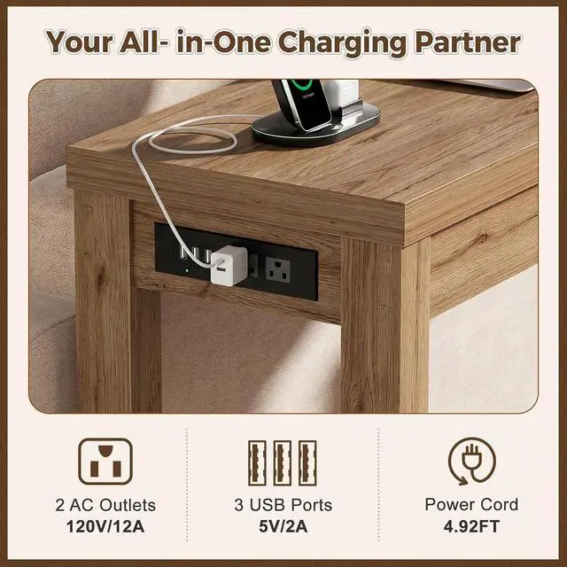 Alt view image 5 of 7 - 63" Console Table with Charging Station, 13.8" Deep Farmhouse Sofa Table Behind Couch with 2 AC Outlets & 3 USB Ports, Long Entryway TV Console or Home Office Desk, Natural Oak