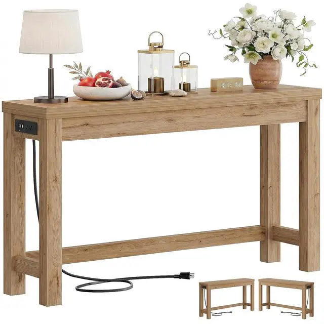 Main image of 47" Console Table with Charging Station, 13.8" Deep Farmhouse Sofa Table Behind Couch with 2 AC Outlets & 3 USB Ports, Entryway TV Console or Compact Home Office Desk, Natural Oak