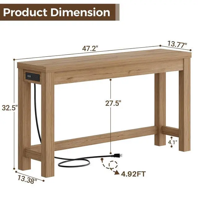 Alt view image 3 of 7 - 47" Console Table with Charging Station, 13.8" Deep Farmhouse Sofa Table Behind Couch with 2 AC Outlets & 3 USB Ports, Entryway TV Console or Compact Home Office Desk, Natural Oak