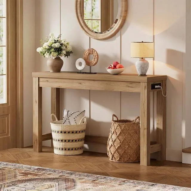 Alt view image 2 of 7 - 47" Console Table with Charging Station, 13.8" Deep Farmhouse Sofa Table Behind Couch with 2 AC Outlets & 3 USB Ports, Entryway TV Console or Compact Home Office Desk, Natural Oak