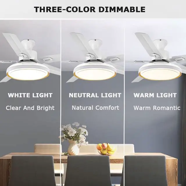 Alt view image 5 of 7 - White Outdoor Ceiling Fan with Lights with Remote Modern Bedroom Ceiling Fan LED 3 Color Smart Ceiling Fan Mute Flush Mount Living Room Fan Light Outdoor Ceiling Fans for Patios