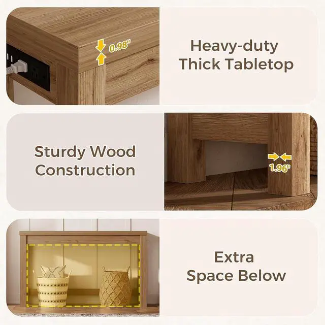 Alt view image 5 of 7 - 47" Console Table with Charging Station, 13.8" Deep Farmhouse Sofa Table Behind Couch with 2 AC Outlets & 3 USB Ports, Entryway TV Console or Compact Home Office Desk, Natural Oak