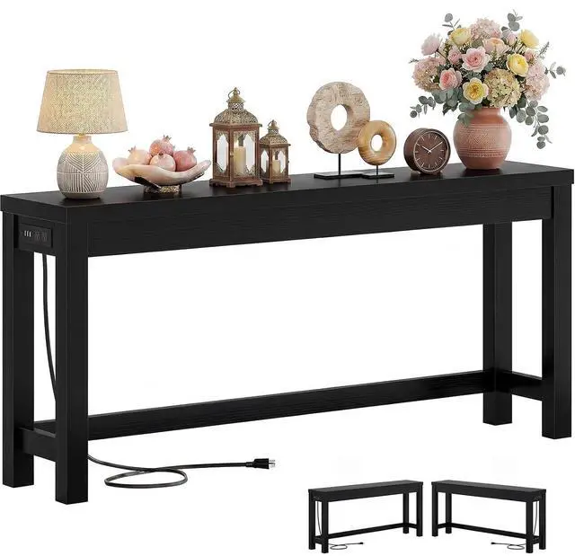 Main image of 63" Console Table with Charging Station, 13.8" Deep Farmhouse Sofa Table Behind Couch with 2 AC Outlets & 3 USB Ports, Long Entryway TV Console or Home Office Desk, Black