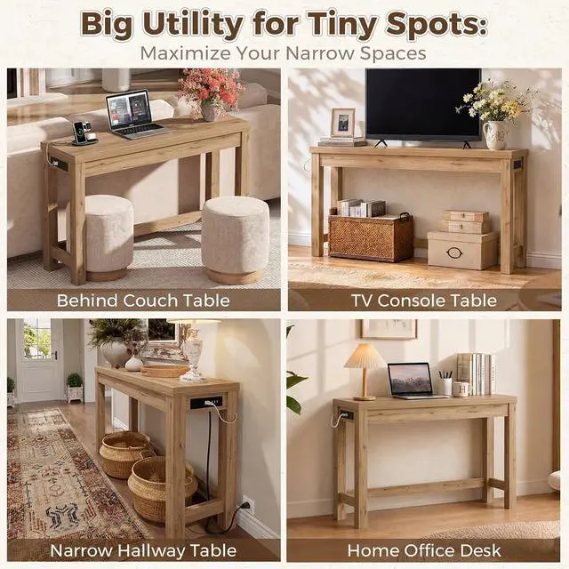 Alt view image 6 of 7 - 47" Console Table with Charging Station, 13.8" Deep Farmhouse Sofa Table Behind Couch with 2 AC Outlets & 3 USB Ports, Entryway TV Console or Compact Home Office Desk, Natural Oak