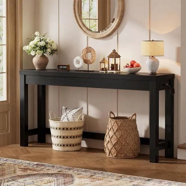 Alt view image 2 of 7 - 63" Console Table with Charging Station, 13.8" Deep Farmhouse Sofa Table Behind Couch with 2 AC Outlets & 3 USB Ports, Long Entryway TV Console or Home Office Desk, Black