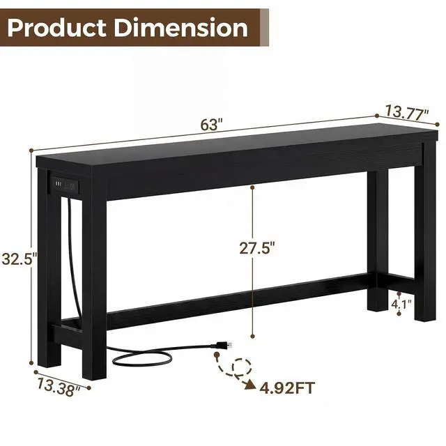 Alt view image 3 of 7 - 63" Console Table with Charging Station, 13.8" Deep Farmhouse Sofa Table Behind Couch with 2 AC Outlets & 3 USB Ports, Long Entryway TV Console or Home Office Desk, Black
