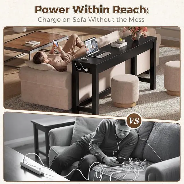 Alt view image 6 of 7 - 63" Console Table with Charging Station, 13.8" Deep Farmhouse Sofa Table Behind Couch with 2 AC Outlets & 3 USB Ports, Long Entryway TV Console or Home Office Desk, Black