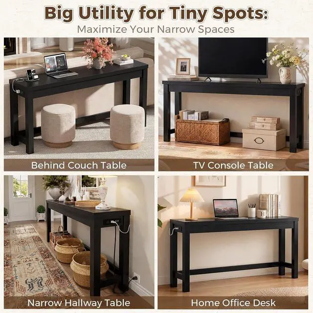 Alt view image 7 of 7 - 63" Console Table with Charging Station, 13.8" Deep Farmhouse Sofa Table Behind Couch with 2 AC Outlets & 3 USB Ports, Long Entryway TV Console or Home Office Desk, Black