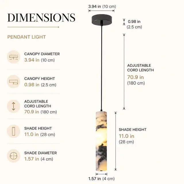 Alt view image 4 of 7 - Natural Stone Pendant Lights for Kitchen Island, LED 3000K Cylindrical Marble Pendant Light 11" Modern Hanging Lighting fixtures for Bedroom Bathroom Dining Room Living Room