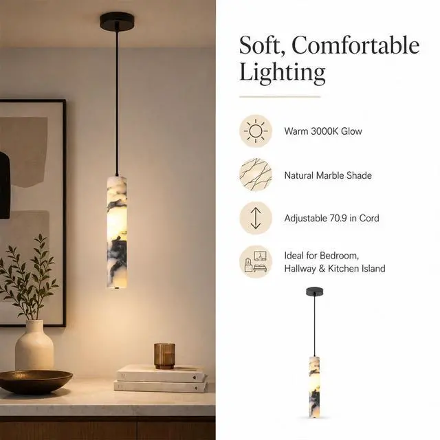 Alt view image 5 of 7 - Natural Stone Pendant Lights for Kitchen Island, LED 3000K Cylindrical Marble Pendant Light 11" Modern Hanging Lighting fixtures for Bedroom Bathroom Dining Room Living Room