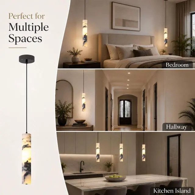 Alt view image 7 of 7 - Natural Stone Pendant Lights for Kitchen Island, LED 3000K Cylindrical Marble Pendant Light 11" Modern Hanging Lighting fixtures for Bedroom Bathroom Dining Room Living Room