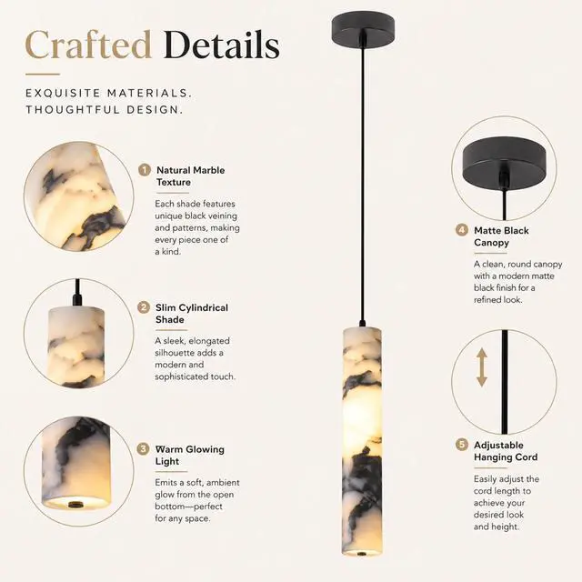 Alt view image 6 of 7 - Natural Stone Pendant Lights for Kitchen Island, LED 3000K Cylindrical Marble Pendant Light 11" Modern Hanging Lighting fixtures for Bedroom Bathroom Dining Room Living Room