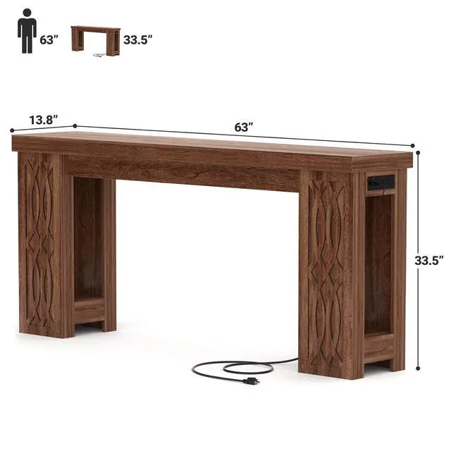 Alt view image 2 of 7 - 63" Console Table with Outlet, Farmhouse Entryway Table with Colorful LED Lights, Wooden Sofa Table with Unique Carved Design, Foyer Accent Table for Entrance, Hallway, Living Room