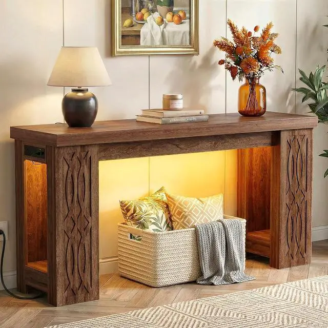 Main image of 63" Console Table with Outlet, Farmhouse Entryway Table with Colorful LED Lights, Wooden Sofa Table with Unique Carved Design, Foyer Accent Table for Entrance, Hallway, Living Room