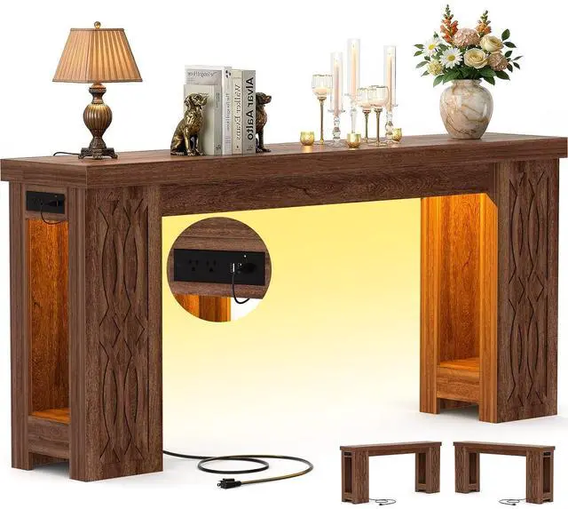 Alt view image 3 of 7 - 63" Console Table with Outlet, Farmhouse Entryway Table with Colorful LED Lights, Wooden Sofa Table with Unique Carved Design, Foyer Accent Table for Entrance, Hallway, Living Room