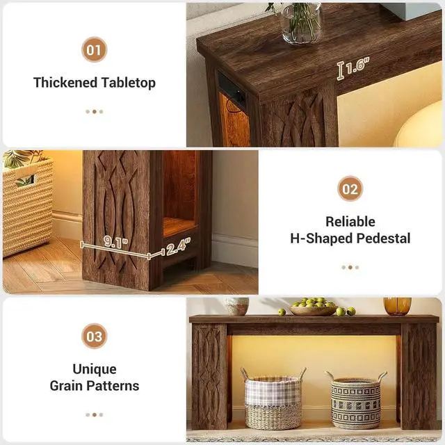 Alt view image 4 of 7 - 63" Console Table with Outlet, Farmhouse Entryway Table with Colorful LED Lights, Wooden Sofa Table with Unique Carved Design, Foyer Accent Table for Entrance, Hallway, Living Room