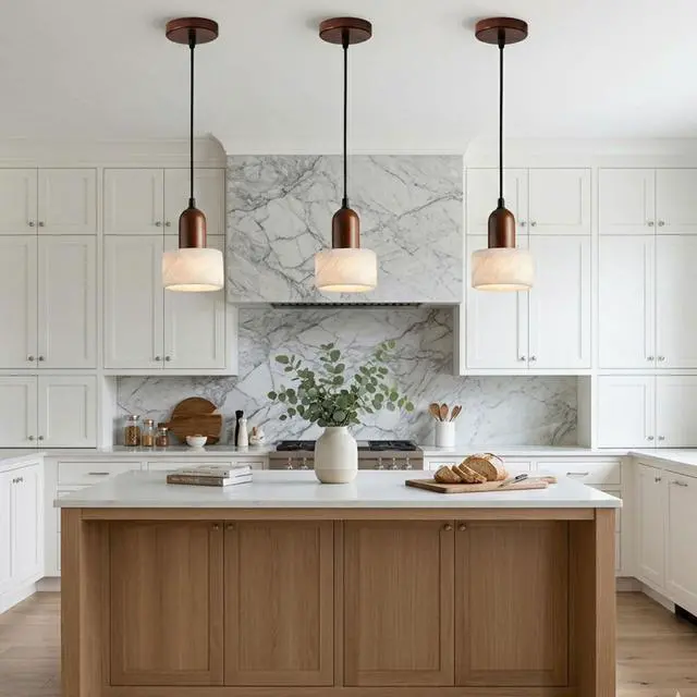 Alt view image 4 of 7 - Marble Pendant Lights for Kitchen Island, Walnut Wood Adjustable Ceiling Pendant, Modern Natural Stone Hanging Lights Fixtures for Living Room, Dining Room and Bar