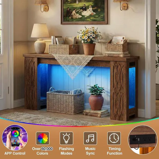 Alt view image 6 of 7 - 63" Console Table with Outlet, Farmhouse Entryway Table with Colorful LED Lights, Wooden Sofa Table with Unique Carved Design, Foyer Accent Table for Entrance, Hallway, Living Room