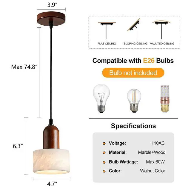 Alt view image 3 of 7 - Marble Pendant Lights for Kitchen Island, Walnut Wood Adjustable Ceiling Pendant, Modern Natural Stone Hanging Lights Fixtures for Living Room, Dining Room and Bar