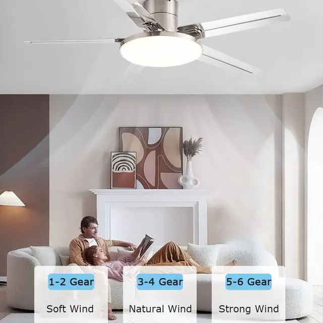Alt view image 4 of 7 - Stainless Steel Outdoor Ceiling Fan with Lights 52 Inch Remote Low Profile Ceiling Fan Flush Mount Modern Smart Ceiling Fan with Light Mute Ceiling Fans with Lights for Bedroom
