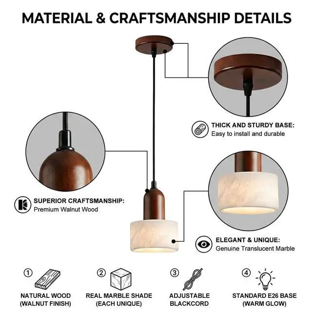Alt view image 5 of 7 - Marble Pendant Lights for Kitchen Island, Walnut Wood Adjustable Ceiling Pendant, Modern Natural Stone Hanging Lights Fixtures for Living Room, Dining Room and Bar