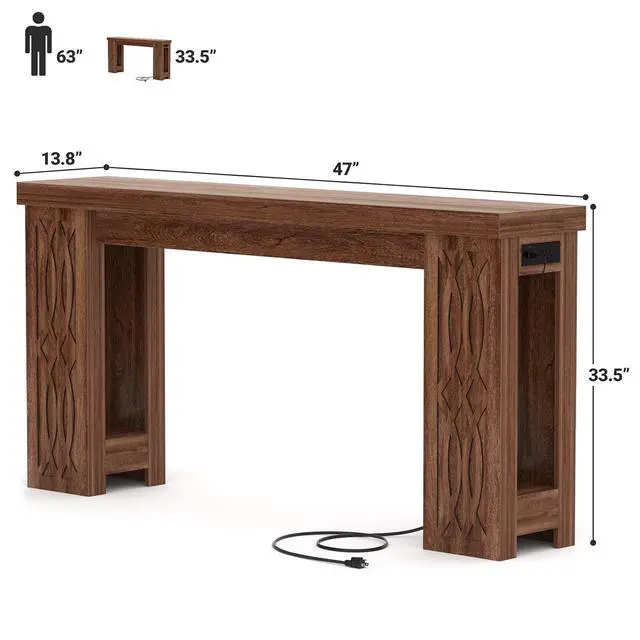 Alt view image 2 of 7 - 47" Console Table with Outlet, Farmhouse Entryway Table with Colorful LED Lights, Wooden Sofa Table with Unique Carved Design, Foyer Accent Table for Entrance, Hallway, Living Room