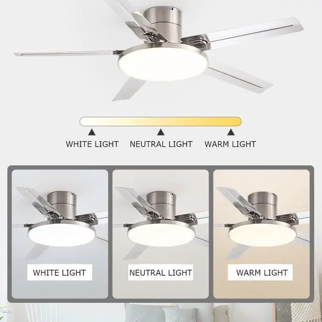 Alt view image 5 of 7 - Stainless Steel Outdoor Ceiling Fan with Lights 52 Inch Remote Low Profile Ceiling Fan Flush Mount Modern Smart Ceiling Fan with Light Mute Ceiling Fans with Lights for Bedroom