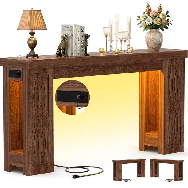 Alt view image 3 of 7 - 47" Console Table with Outlet, Farmhouse Entryway Table with Colorful LED Lights, Wooden Sofa Table with Unique Carved Design, Foyer Accent Table for Entrance, Hallway, Living Room