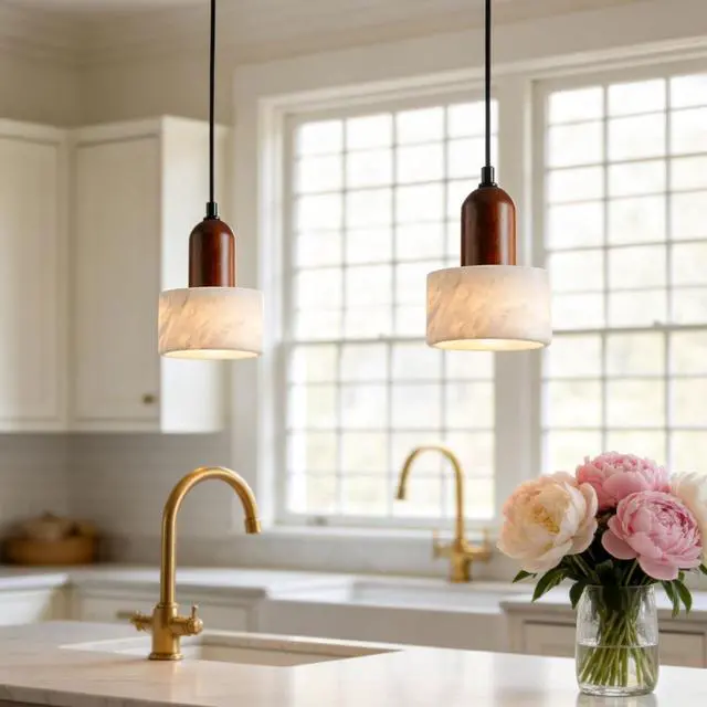 Alt view image 6 of 7 - Marble Pendant Lights for Kitchen Island, Walnut Wood Adjustable Ceiling Pendant, Modern Natural Stone Hanging Lights Fixtures for Living Room, Dining Room and Bar