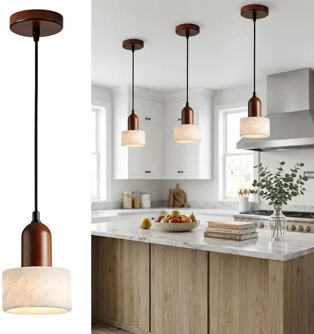 Main image of Marble Pendant Lights for Kitchen Island, Walnut Wood Adjustable Ceiling Pendant, Modern Natural Stone Hanging Lights Fixtures for Living Room, Dining Room and Bar