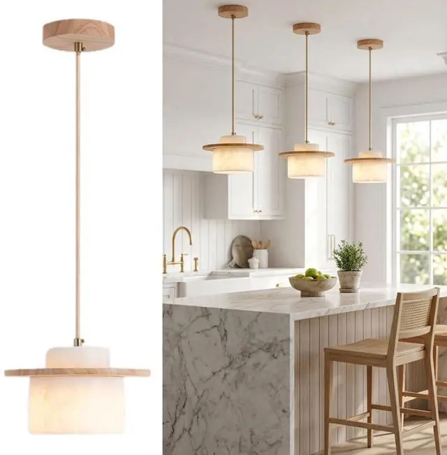 Main image of Natural Stone Pendant Lights, Marble Kitchen Island Pendant Lamp 7.8 inch Modern White Hanging Light for Bedroom Dining Room Table Living Room Hallway(E26 Base)