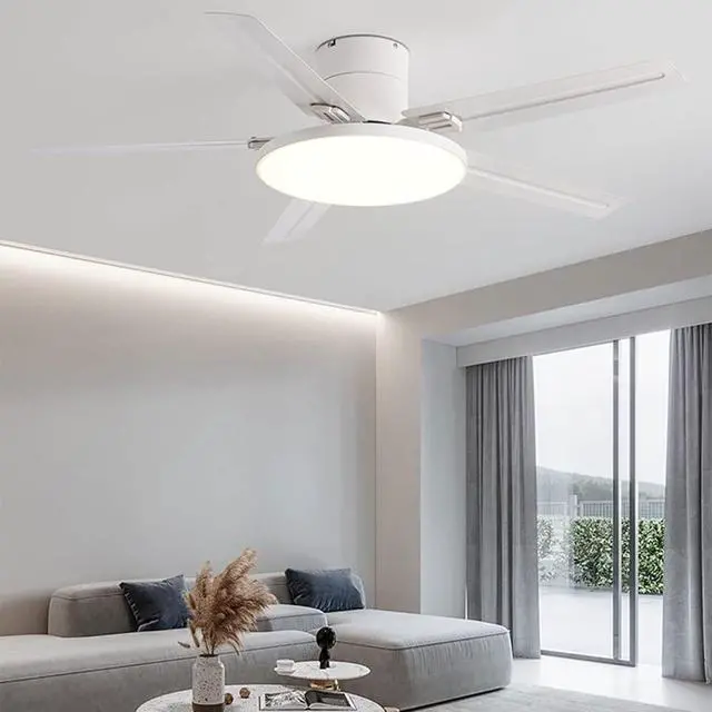 Alt view image 2 of 7 - Stainless Steel Outdoor Ceiling Fan with Lights 52 Inch Remote Low Profile Ceiling Fan Flush Mount Modern Smart Ceiling Fan with Light Mute Ceiling Fans with Lights for Bedroom