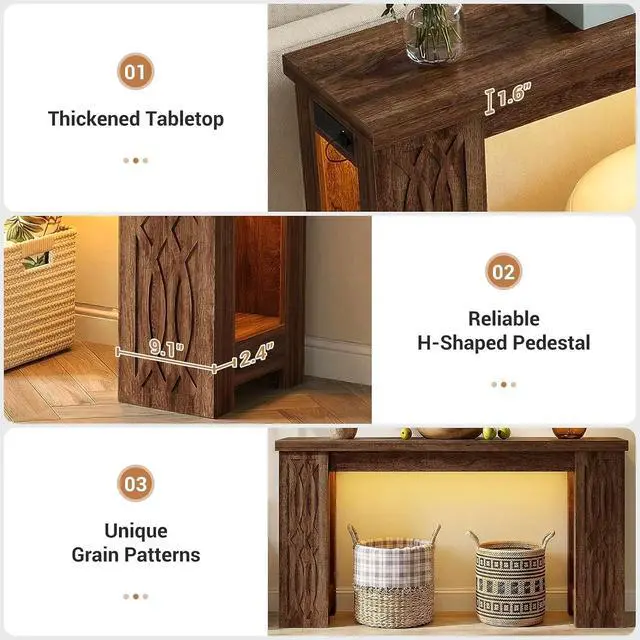Alt view image 4 of 7 - 47" Console Table with Outlet, Farmhouse Entryway Table with Colorful LED Lights, Wooden Sofa Table with Unique Carved Design, Foyer Accent Table for Entrance, Hallway, Living Room