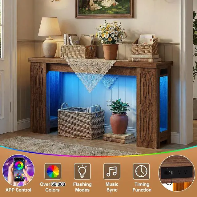 Alt view image 6 of 7 - 47" Console Table with Outlet, Farmhouse Entryway Table with Colorful LED Lights, Wooden Sofa Table with Unique Carved Design, Foyer Accent Table for Entrance, Hallway, Living Room