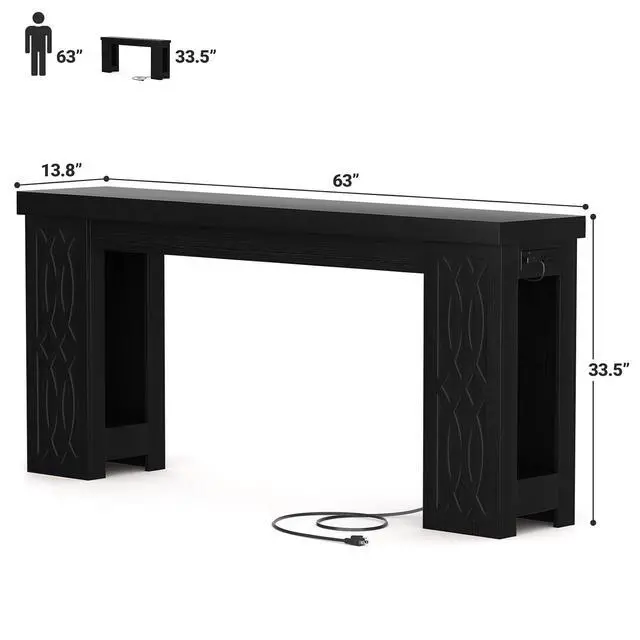 Alt view image 2 of 7 - 63" Console Table with Outlet, Farmhouse Entryway Table with Colorful LED Lights, Wooden Sofa Table with Unique Carved Design, Foyer Accent Table for Entrance, Hallway, Living Room