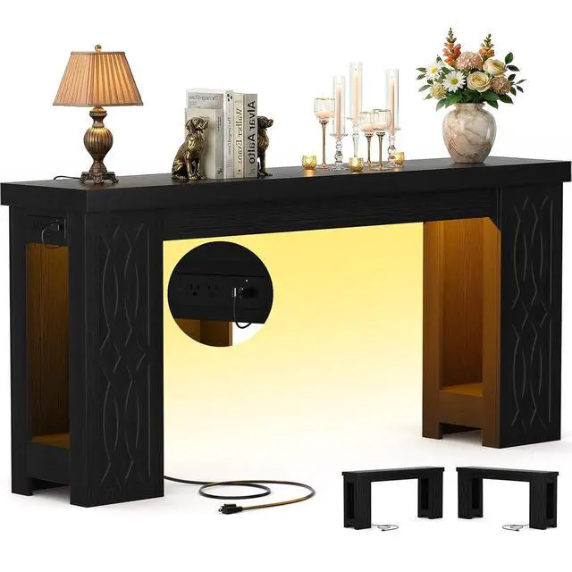 Alt view image 3 of 7 - 63" Console Table with Outlet, Farmhouse Entryway Table with Colorful LED Lights, Wooden Sofa Table with Unique Carved Design, Foyer Accent Table for Entrance, Hallway, Living Room