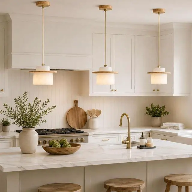 Alt view image 4 of 7 - Natural Stone Pendant Lights, Marble Kitchen Island Pendant Lamp 7.8 inch Modern White Hanging Light for Bedroom Dining Room Table Living Room Hallway(E26 Base)