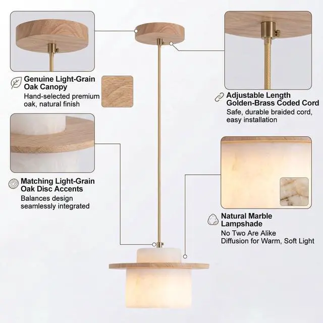 Alt view image 5 of 7 - Natural Stone Pendant Lights, Marble Kitchen Island Pendant Lamp 7.8 inch Modern White Hanging Light for Bedroom Dining Room Table Living Room Hallway(E26 Base)